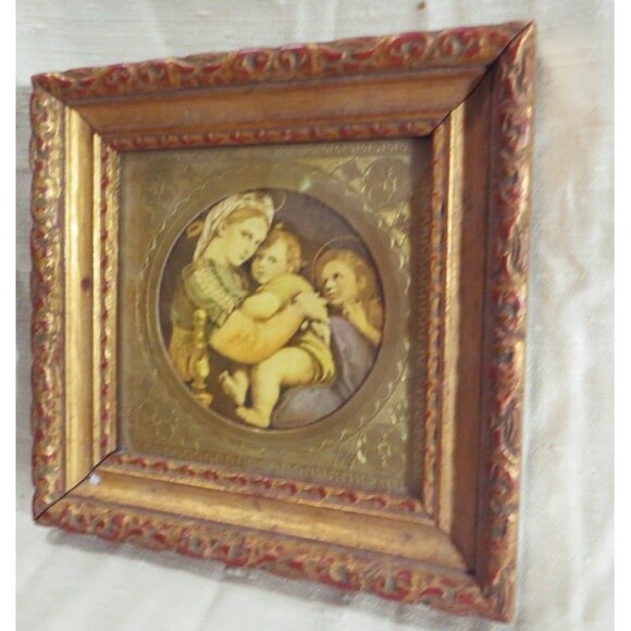 Classic Miniature MADONNA DELLA SEDIA "AFTER" by RAPHAEL 6 x 6" Ornate Gold Matt - Picture 4 of 4